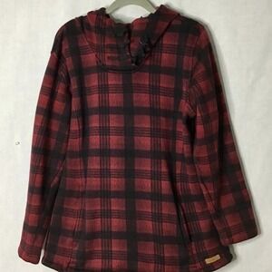 Powder River Outfitters Red Black Plaid Fleece‎ Hooded Tunic Top XXL CottageCore